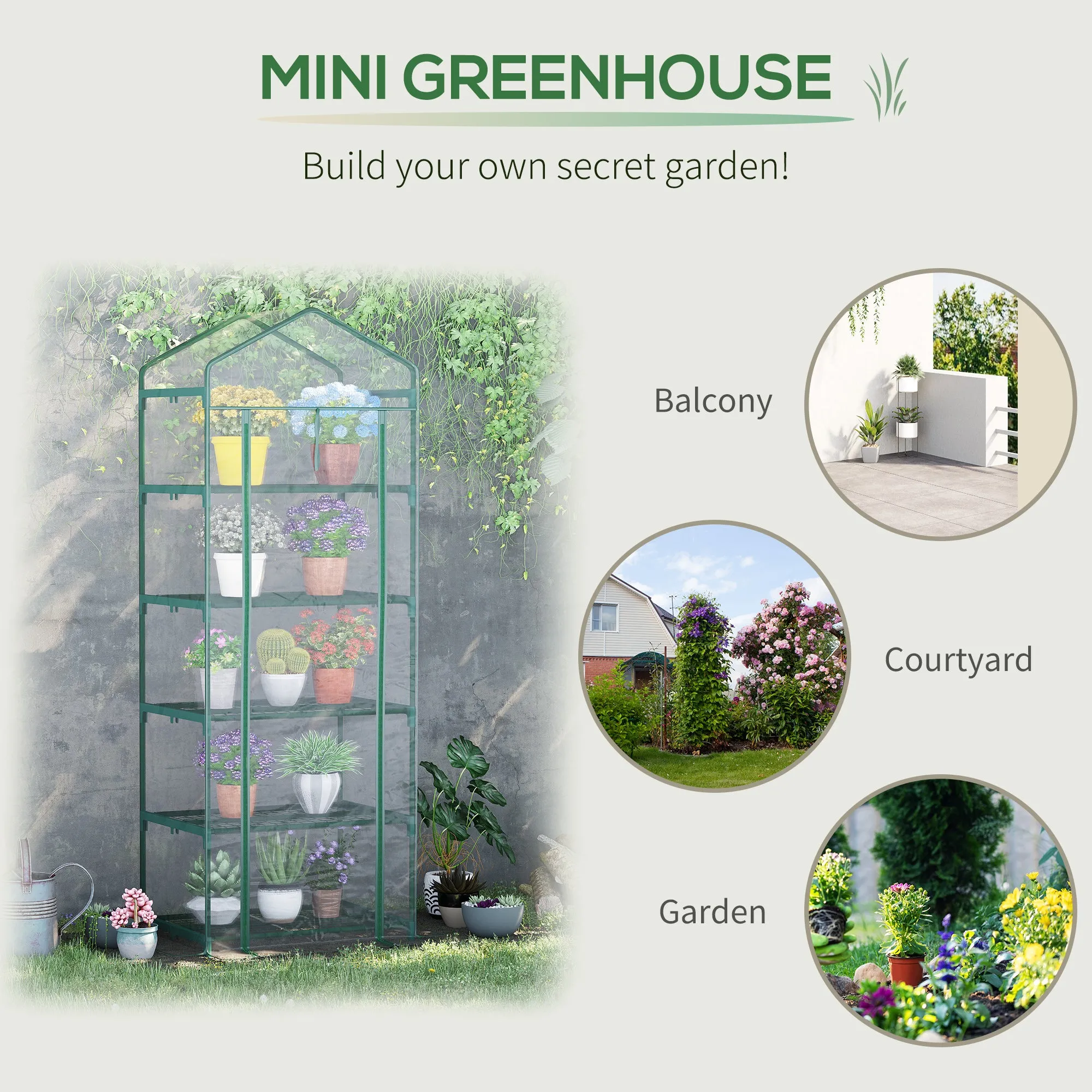 5 Tier Greenhouse Outdoor Flower Stand PVC Cover Portable Shed Metal Frame Transparent 69 x 49 x 193cm