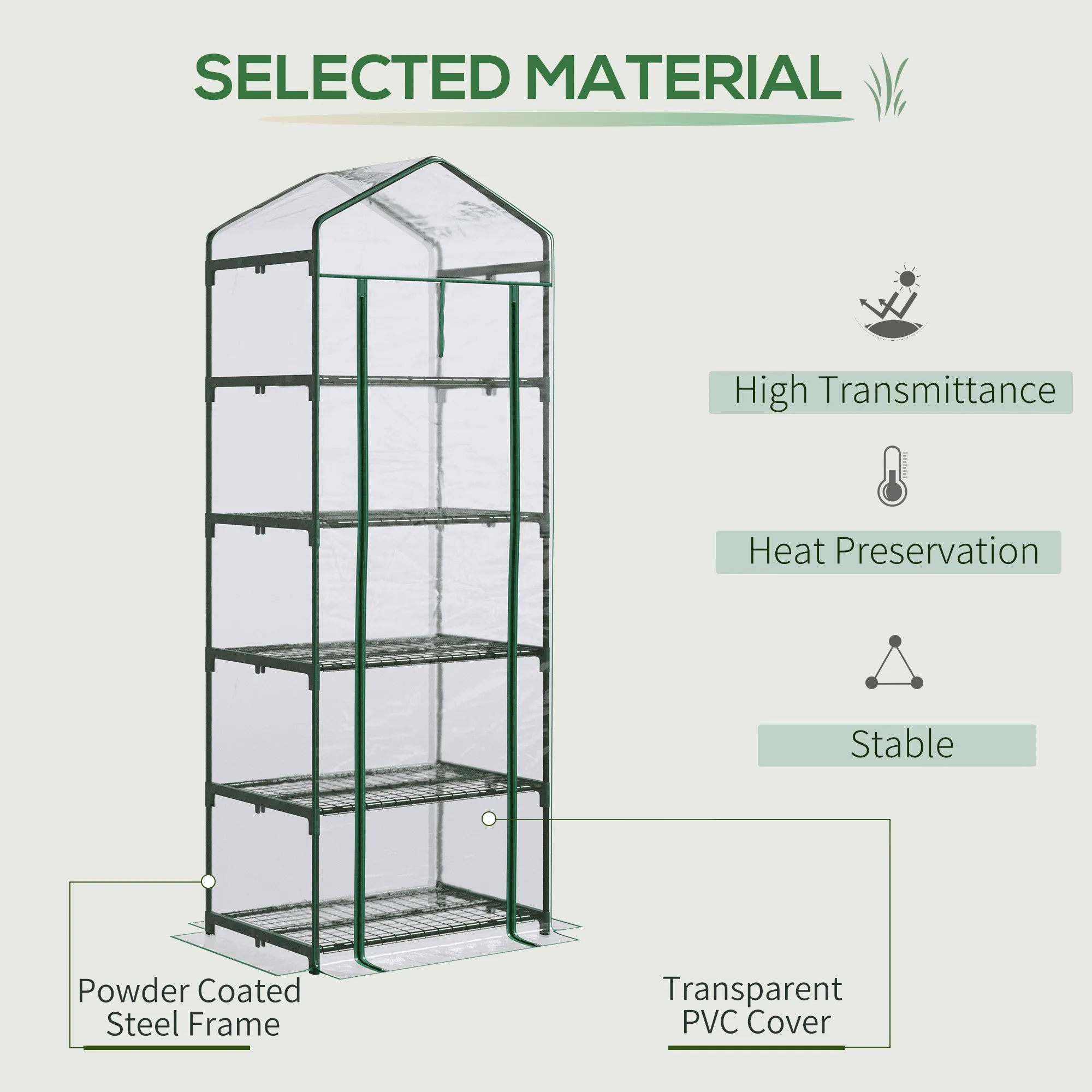 5 Tier Greenhouse Outdoor Flower Stand PVC Cover Portable Shed Metal Frame Transparent 69 x 49 x 193cm