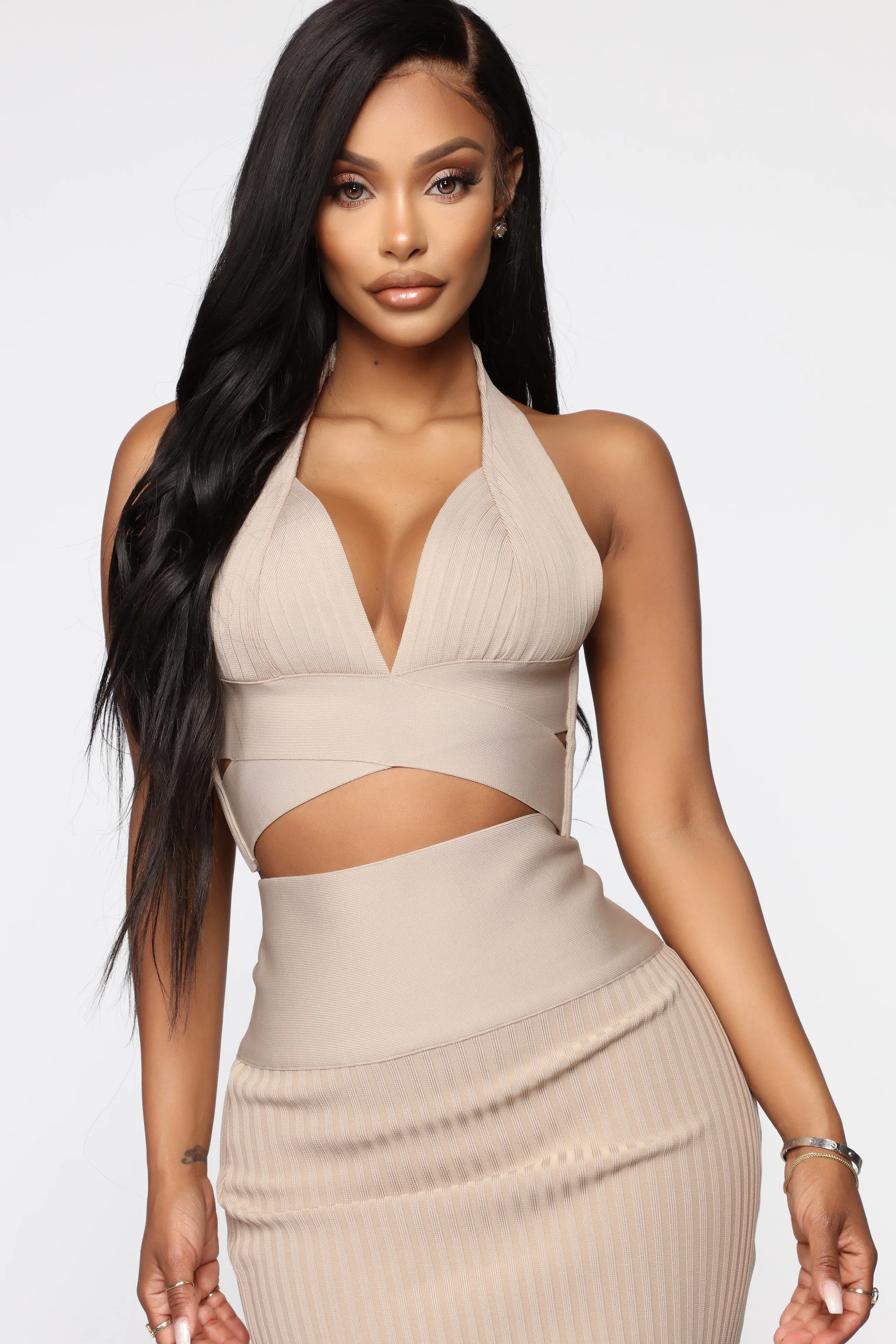 A Solid Stunt Bandage Skirt Set - Taupe