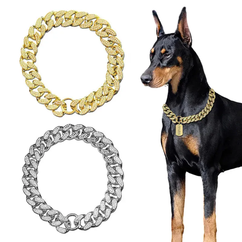 ABS Plastic Dog Collar Chain with Diamond Inlay | Sparkle Bulldog Necklace | Cat Collars | Pet Accessories for Small, Medium, and Large Dogs | Golden | Alo Trendy