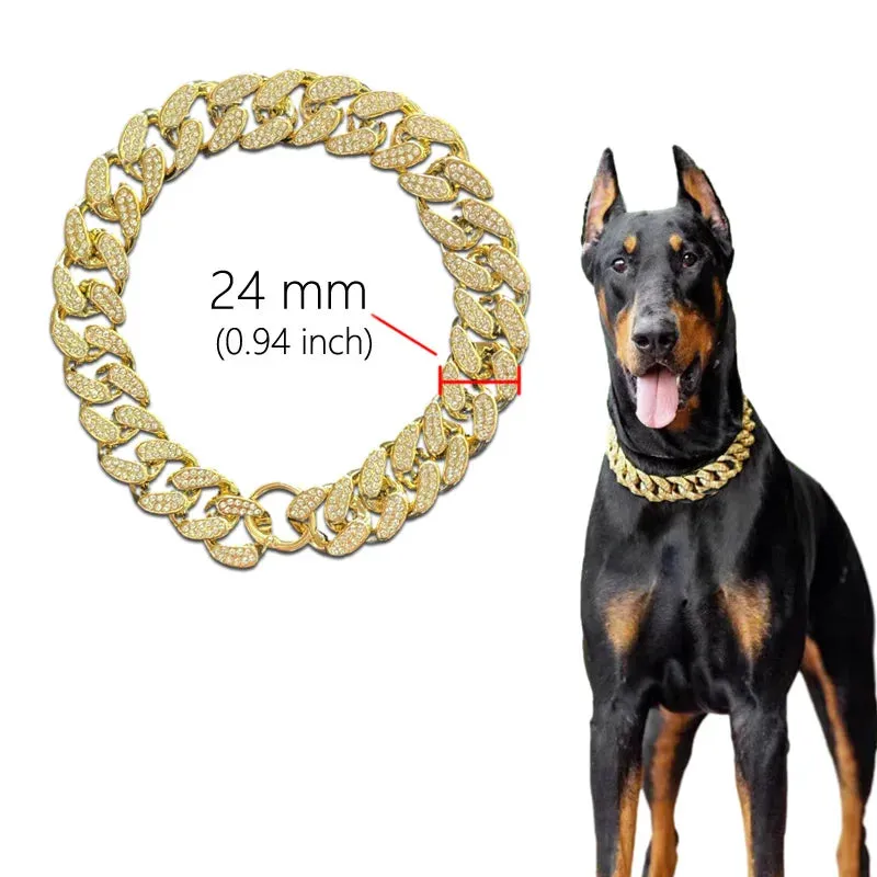 ABS Plastic Dog Collar Chain with Diamond Inlay | Sparkle Bulldog Necklace | Cat Collars | Pet Accessories for Small, Medium, and Large Dogs | Golden | Alo Trendy