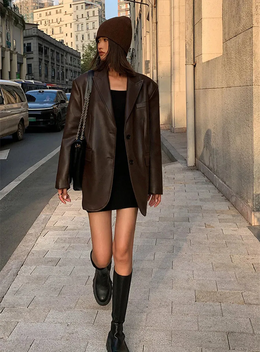 Advbridge Vintage Black High Quality Leather Loose Blazer Biker Coat Women Casual Long Sleeve Flap Pocket Suit Jacket Oversized Streetwear