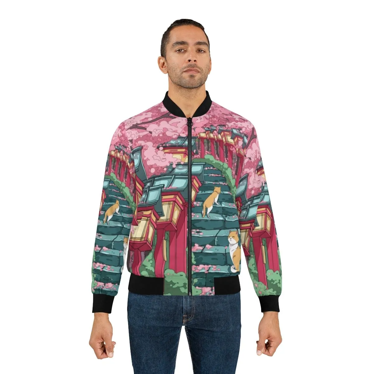 Aesthetic Japanese Shrine and Sakura Blossom Bomber Jacket