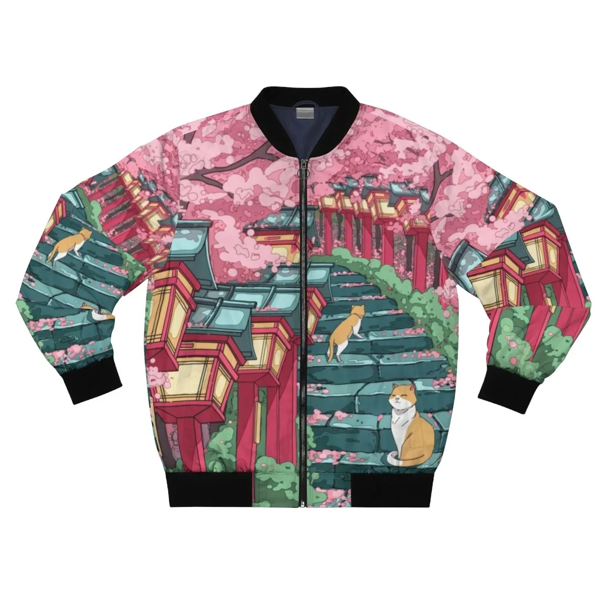 Aesthetic Japanese Shrine and Sakura Blossom Bomber Jacket