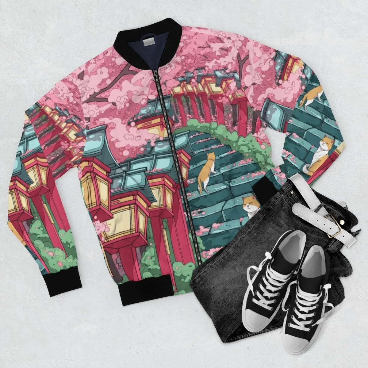 Aesthetic Japanese Shrine and Sakura Blossom Bomber Jacket