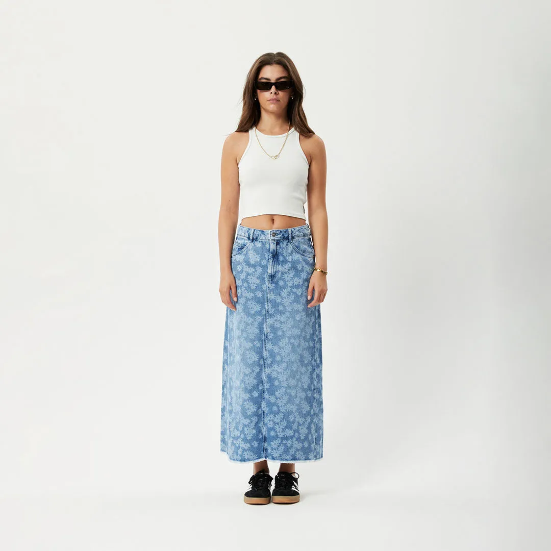 AFENDS Womens Fink Chichi - Denim Midi Skirt - Worn Blue Daisy