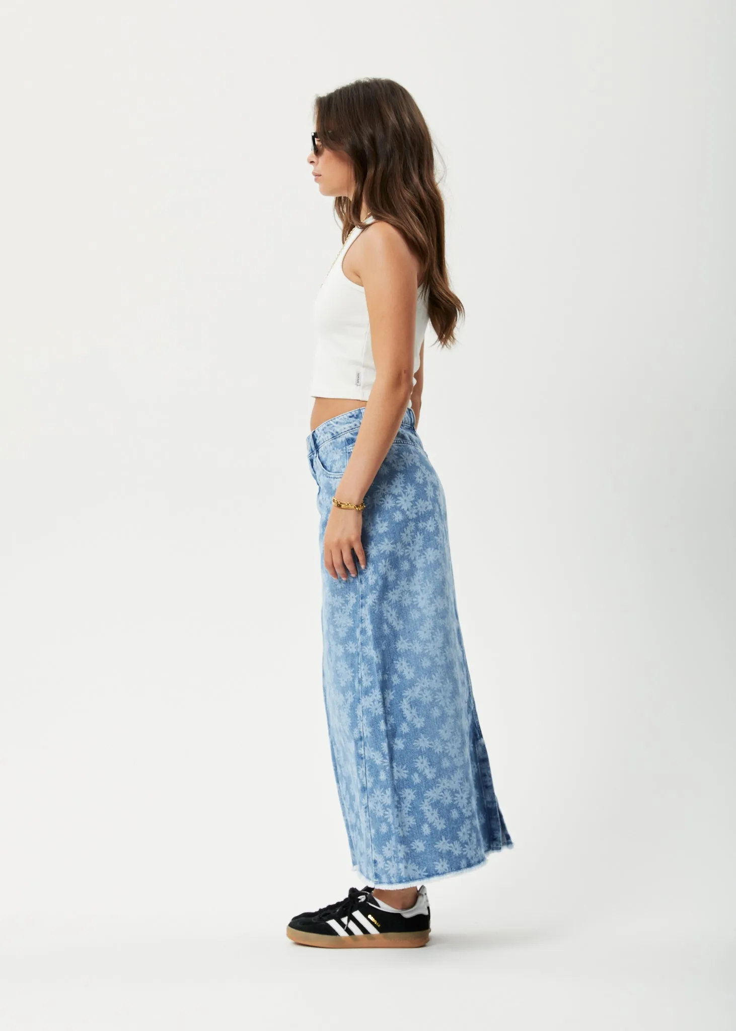 AFENDS Womens Fink Chichi - Denim Midi Skirt - Worn Blue Daisy