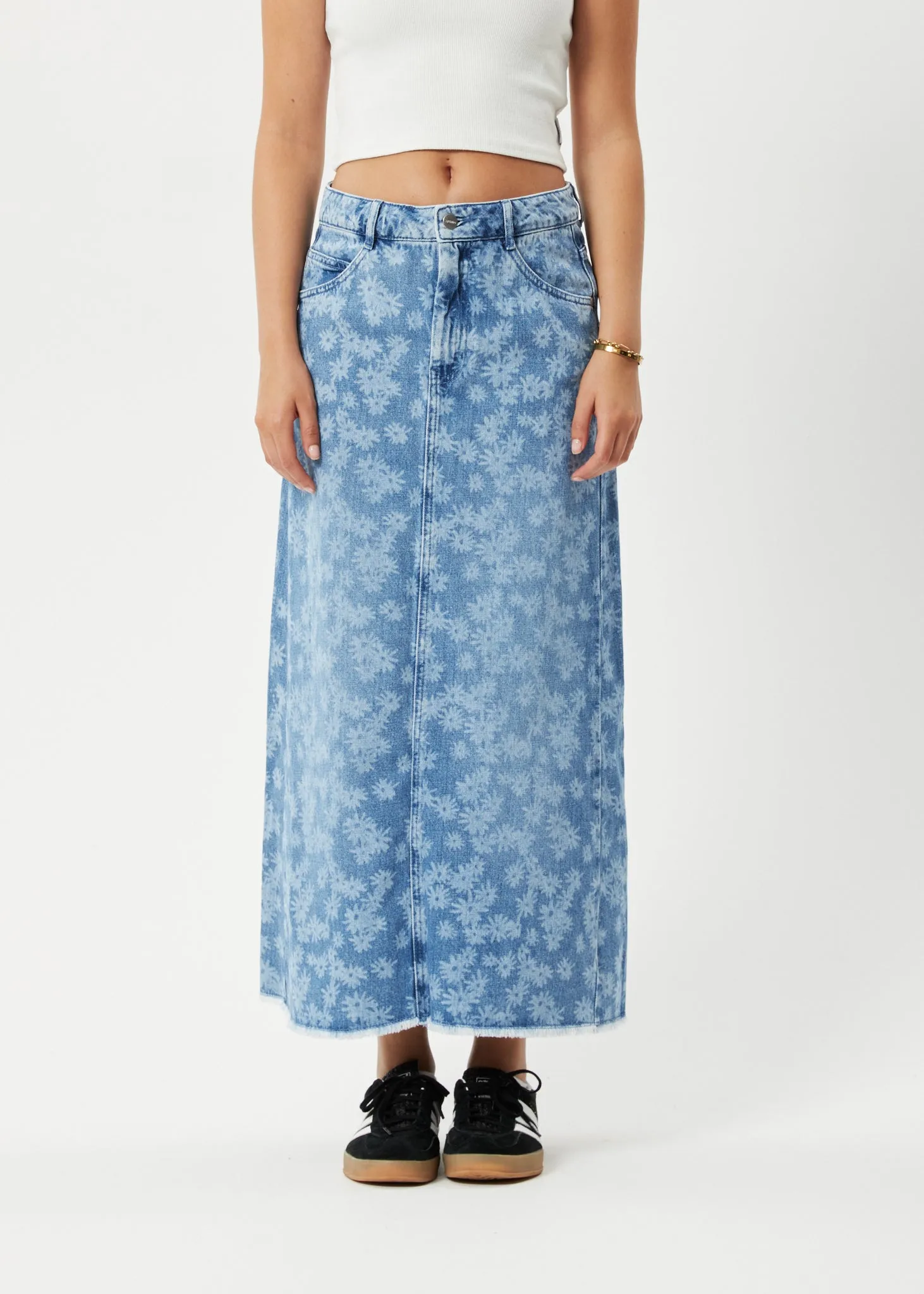 AFENDS Womens Fink Chichi - Denim Midi Skirt - Worn Blue Daisy