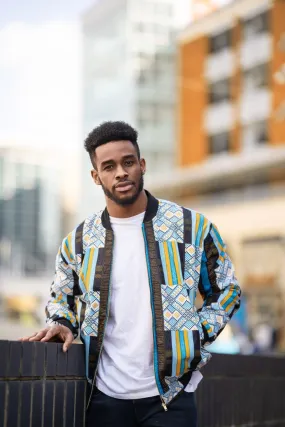 African Bomber Jacket In Brilliant Blue Kente