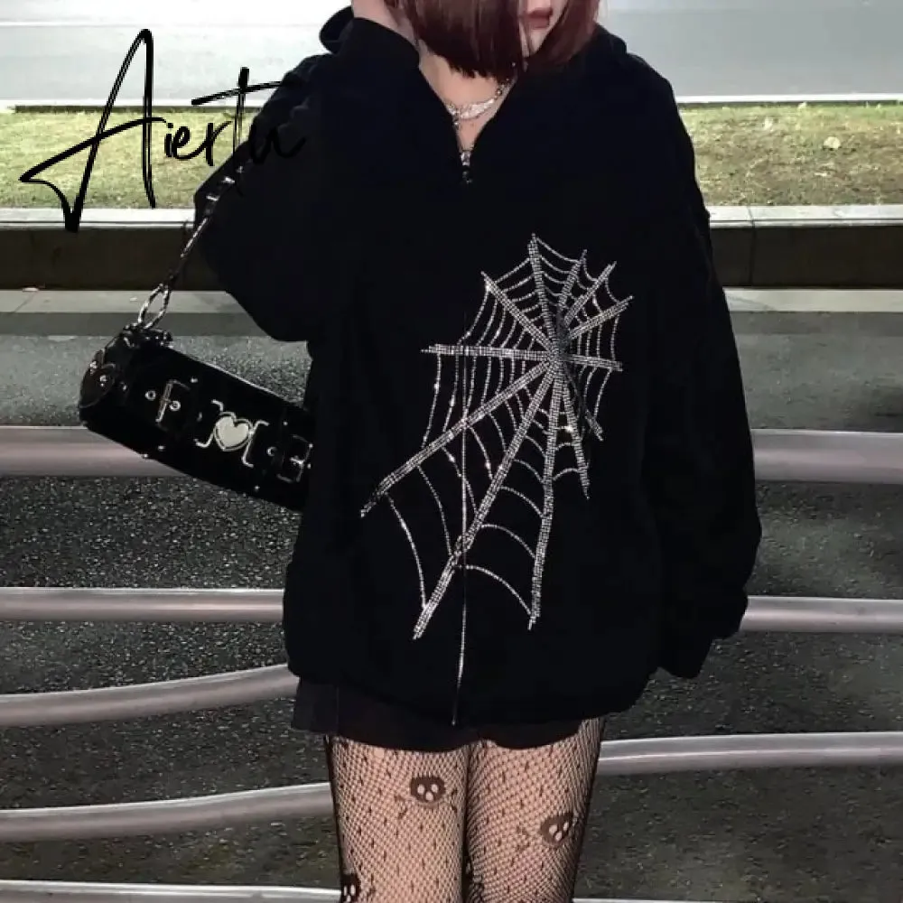 Aiertu Y2K Gothic Sweatshirt Oversized Hoodie Women Autumn Zip Up Long Sleeve Coat Top Female 90S Vintage E-Harajuku Grunge Clothes