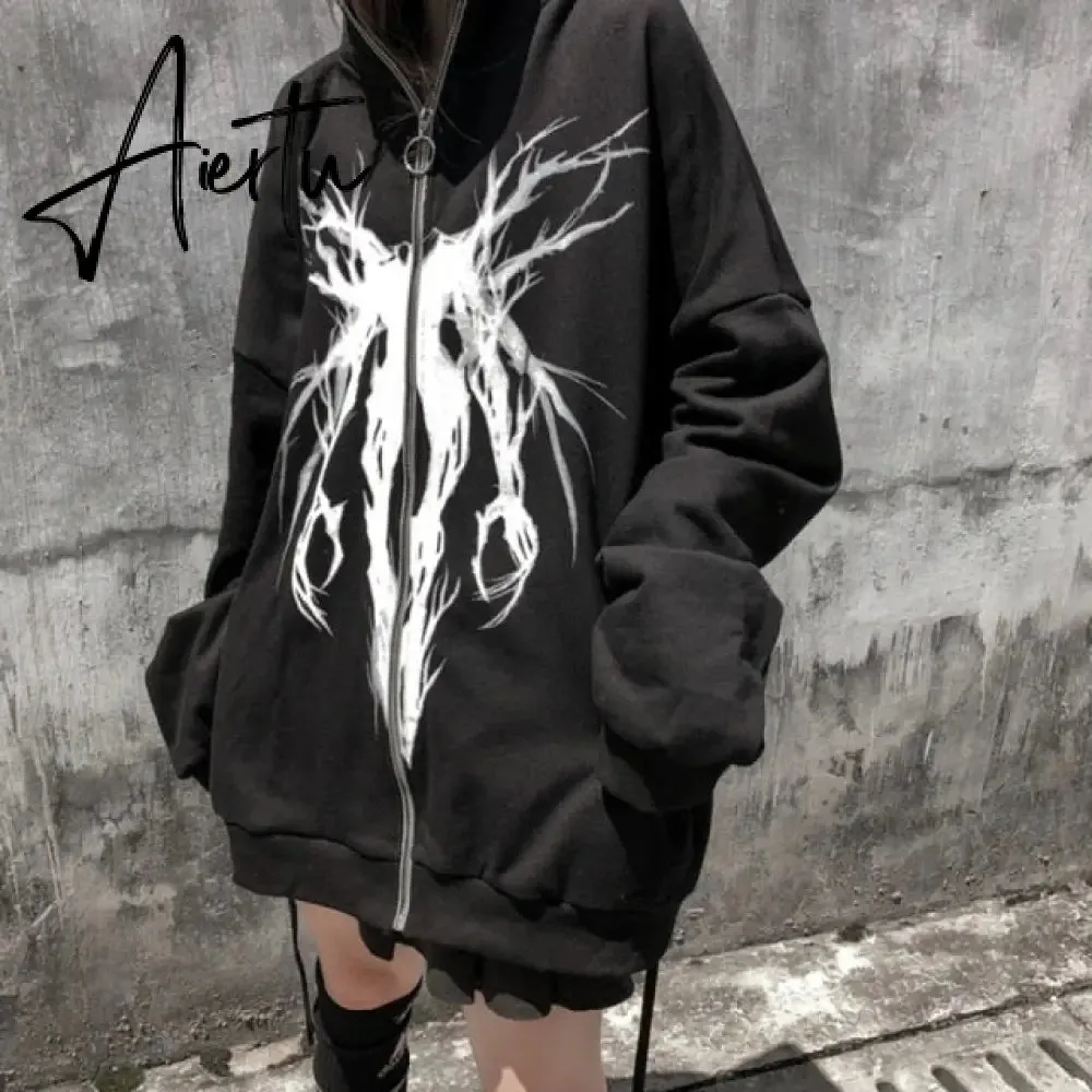 Aiertu Y2K Gothic Sweatshirt Oversized Hoodie Women Autumn Zip Up Long Sleeve Coat Top Female 90S Vintage E-Harajuku Grunge Clothes