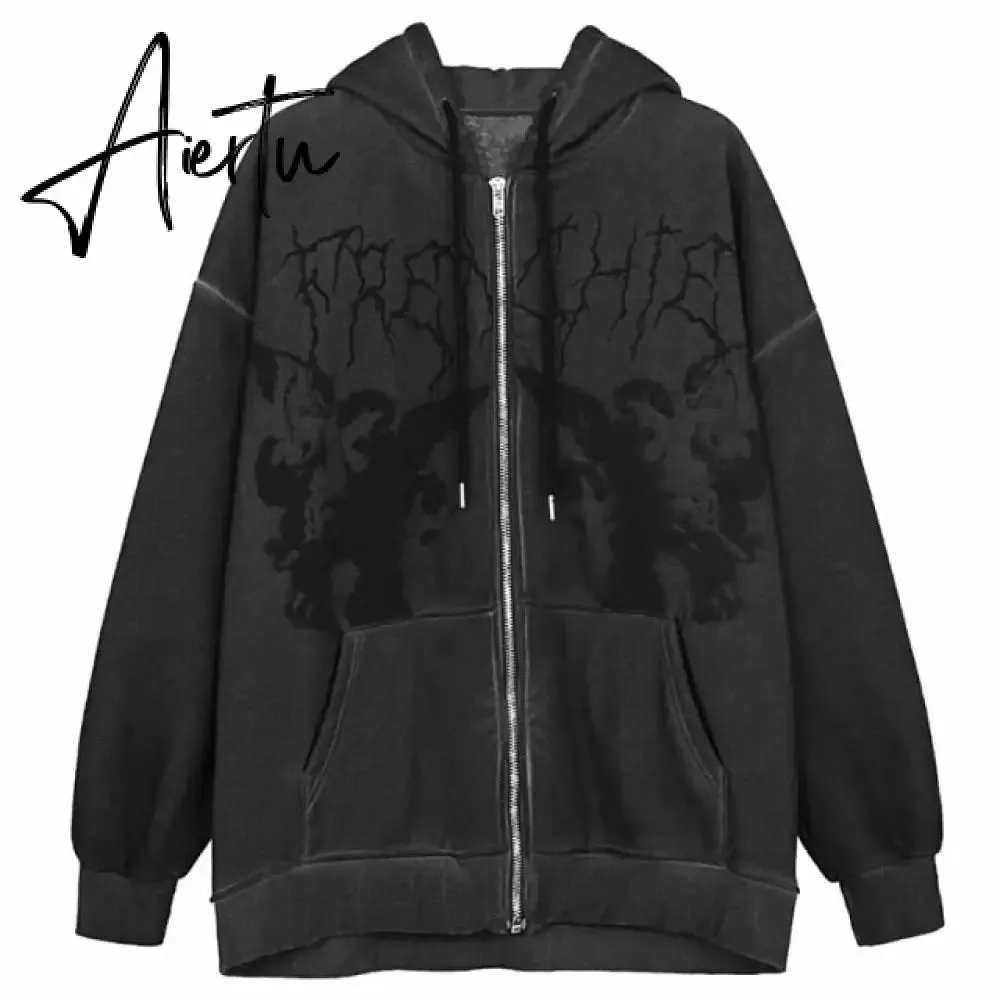 Aiertu Y2K Gothic Sweatshirt Oversized Hoodie Women Autumn Zip Up Long Sleeve Coat Top Female 90S Vintage E-Harajuku Grunge Clothes