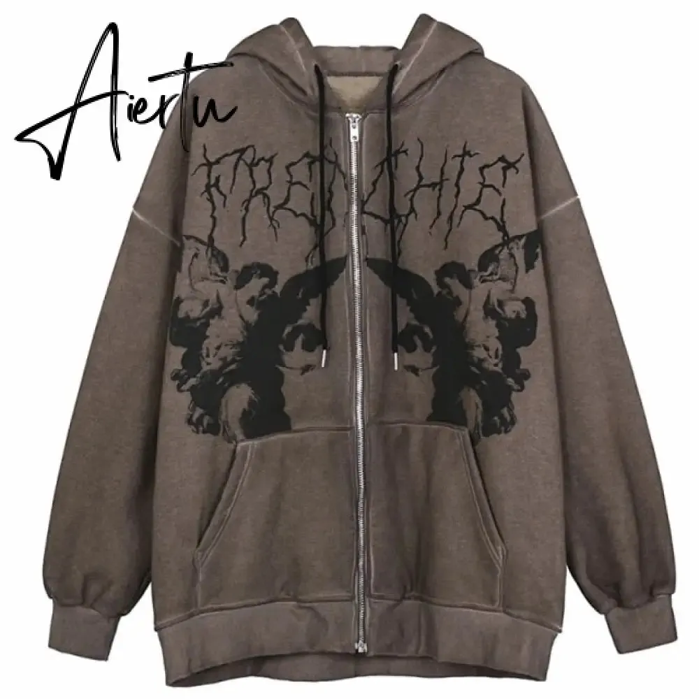 Aiertu Y2K Gothic Sweatshirt Oversized Hoodie Women Autumn Zip Up Long Sleeve Coat Top Female 90S Vintage E-Harajuku Grunge Clothes