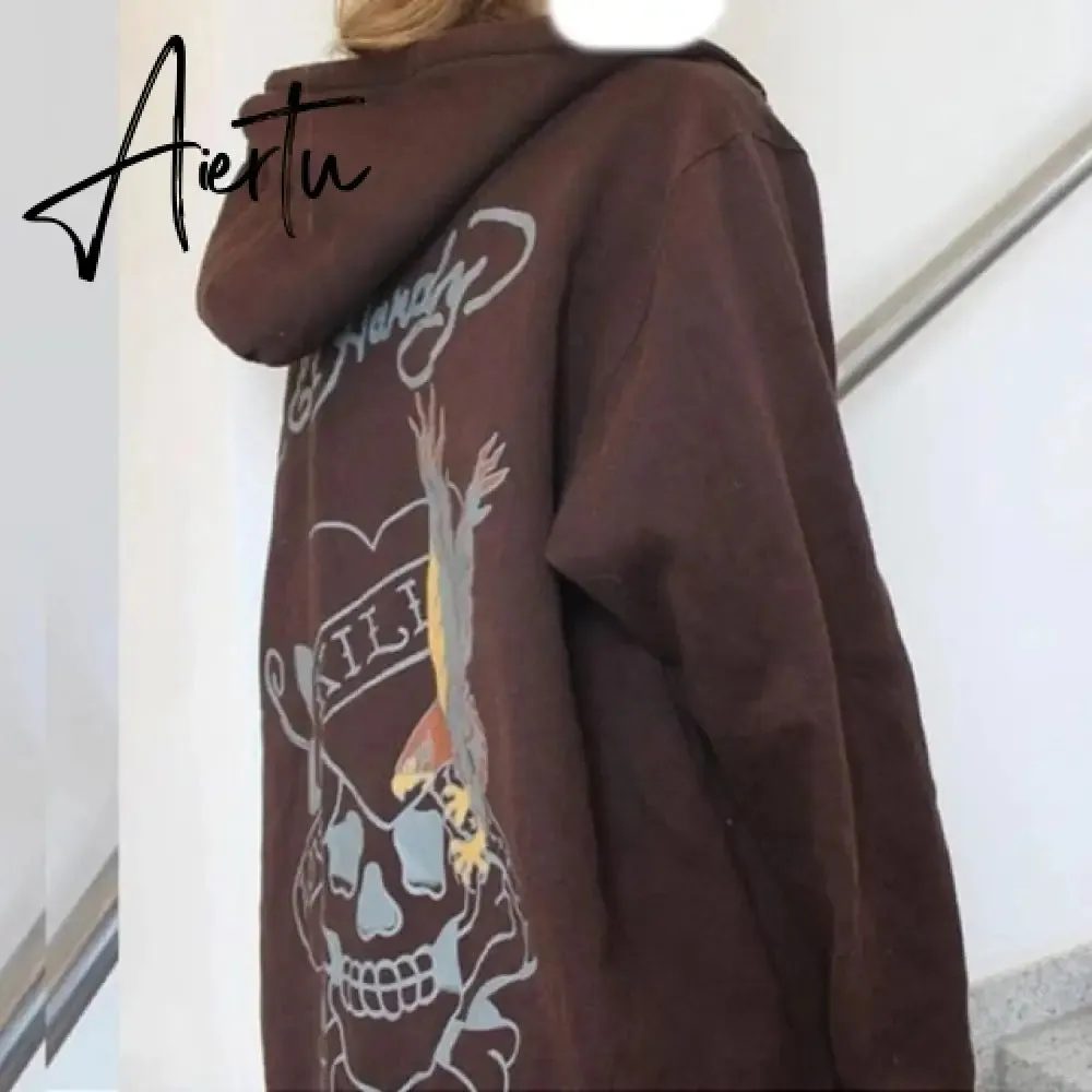 Aiertu Y2K Gothic Sweatshirt Oversized Hoodie Women Autumn Zip Up Long Sleeve Coat Top Female 90S Vintage E-Harajuku Grunge Clothes