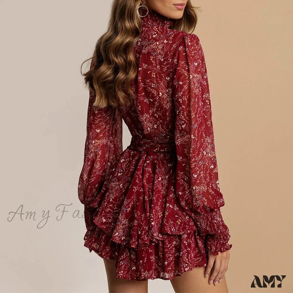 Amy Fashion - Turtleneck Long Sleeve Chiffon A Line Dress