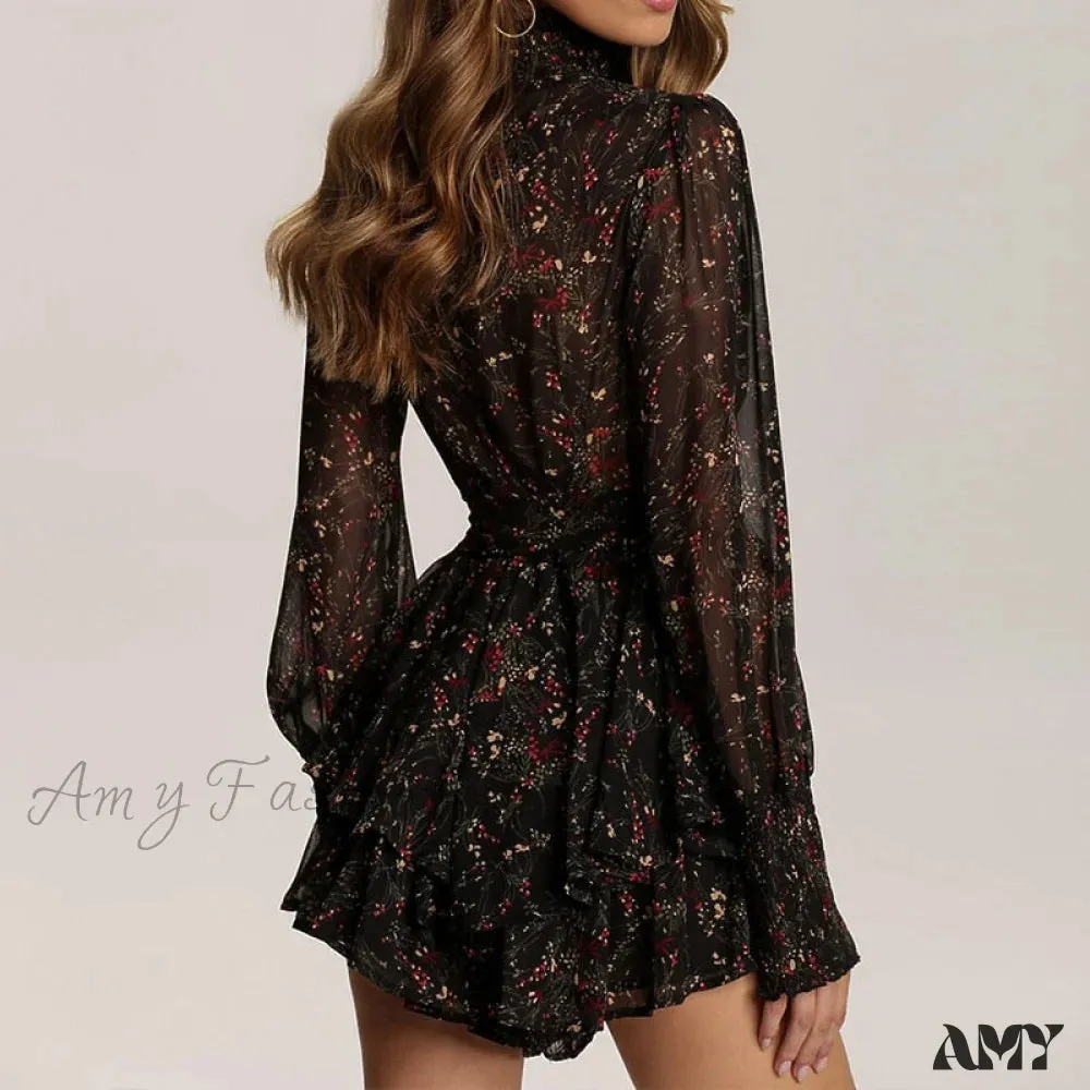 Amy Fashion - Turtleneck Long Sleeve Chiffon A Line Dress