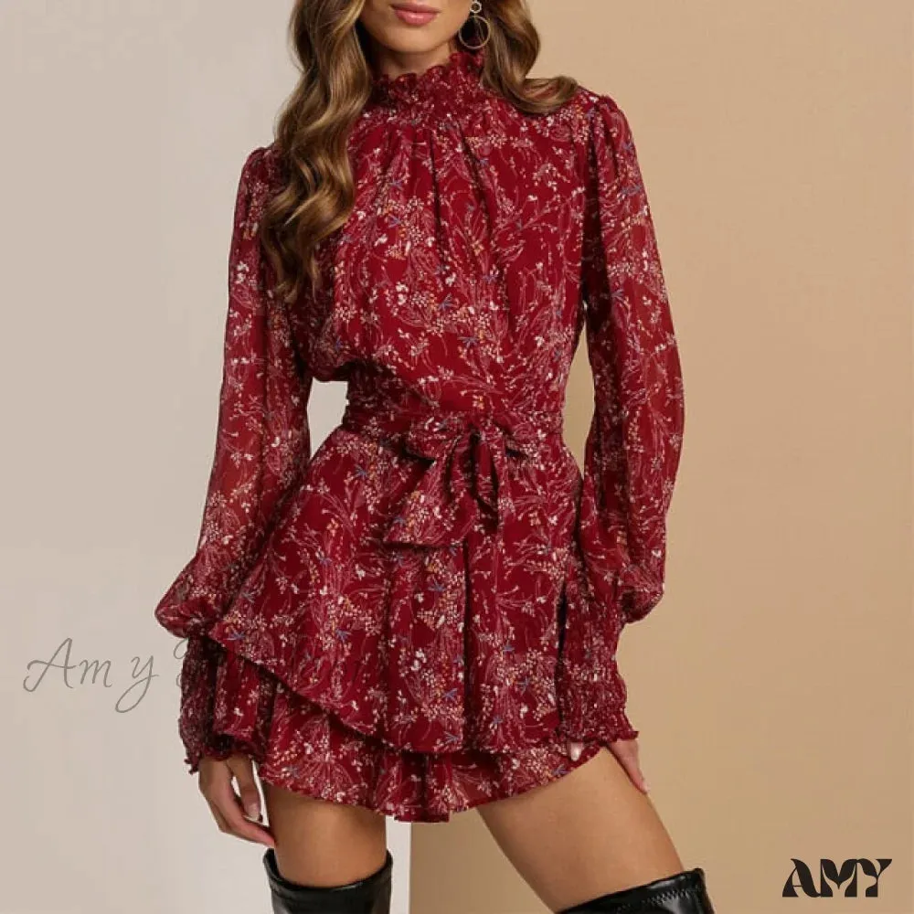 Amy Fashion - Turtleneck Long Sleeve Chiffon A Line Dress