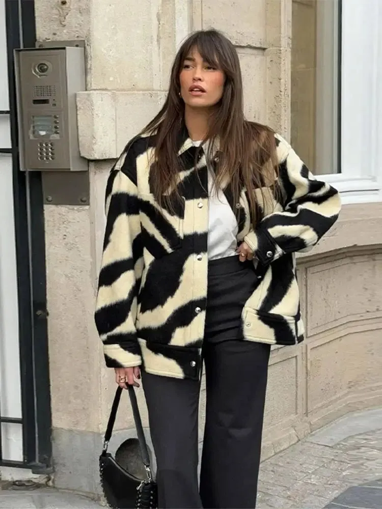 Back To School Joskaa Women Fashion Blocking Zebra Print Jacket Chic Lapel Snap Button Long Sleeves Loose Coat 2024 Autumn Female Warm Streetwear