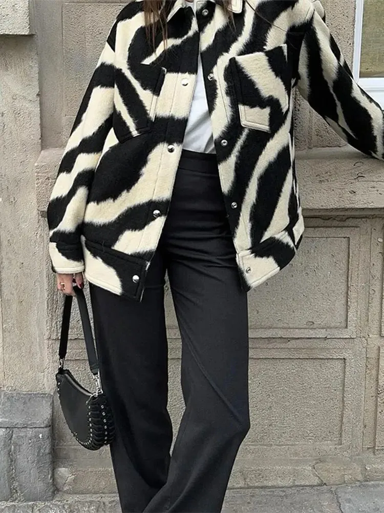 Back To School Joskaa Women Fashion Blocking Zebra Print Jacket Chic Lapel Snap Button Long Sleeves Loose Coat 2024 Autumn Female Warm Streetwear