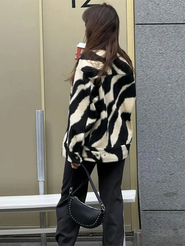 Back To School Joskaa Women Fashion Blocking Zebra Print Jacket Chic Lapel Snap Button Long Sleeves Loose Coat 2024 Autumn Female Warm Streetwear