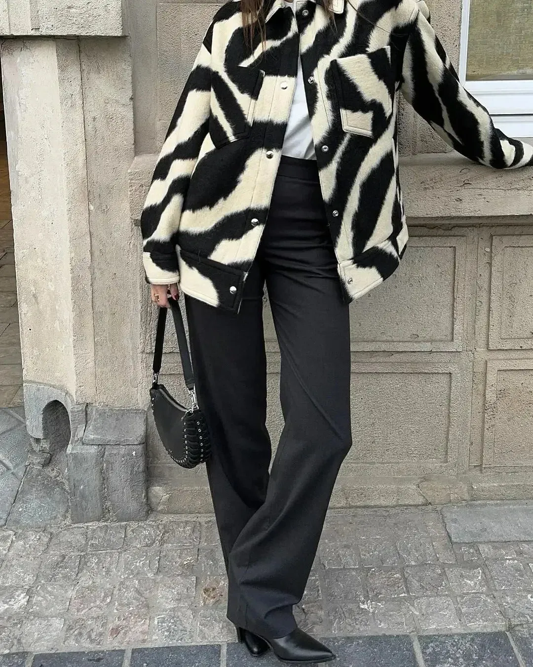 Back To School Joskaa Women Fashion Blocking Zebra Print Jacket Chic Lapel Snap Button Long Sleeves Loose Coat 2024 Autumn Female Warm Streetwear