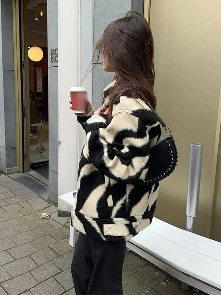 Back To School Joskaa Women Fashion Blocking Zebra Print Jacket Chic Lapel Snap Button Long Sleeves Loose Coat 2024 Autumn Female Warm Streetwear