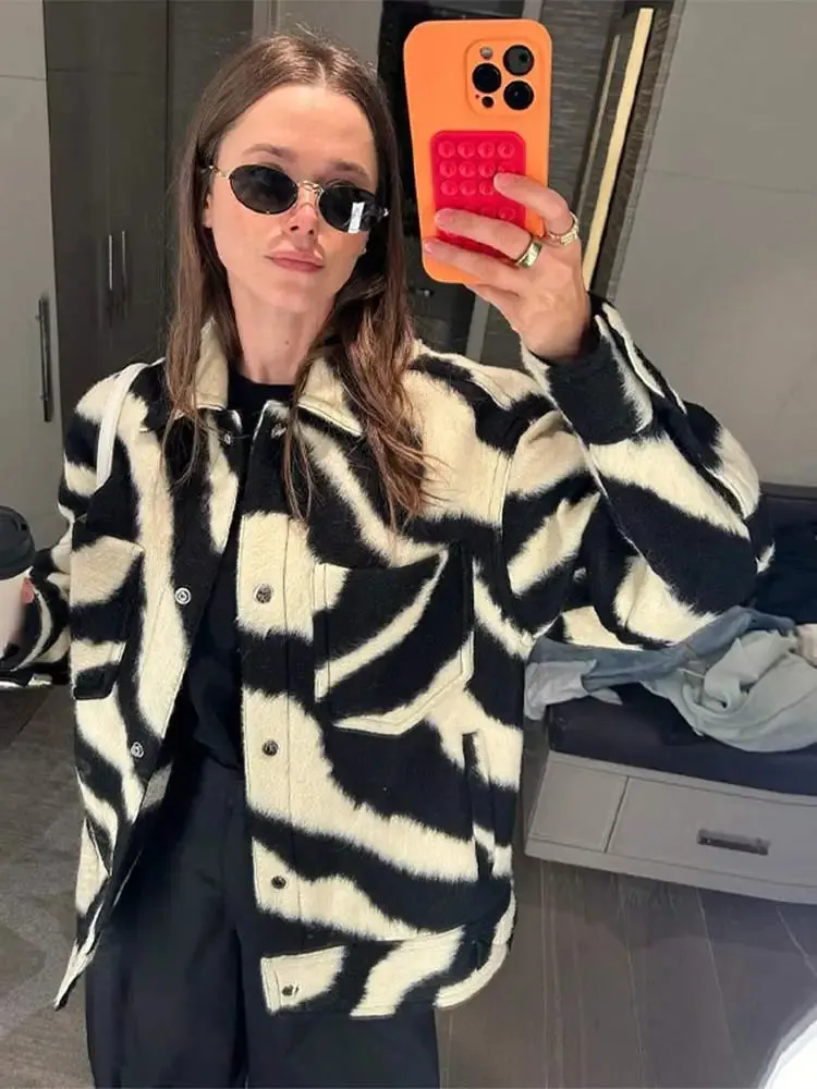 Back To School Joskaa Women Fashion Blocking Zebra Print Jacket Chic Lapel Snap Button Long Sleeves Loose Coat 2024 Autumn Female Warm Streetwear