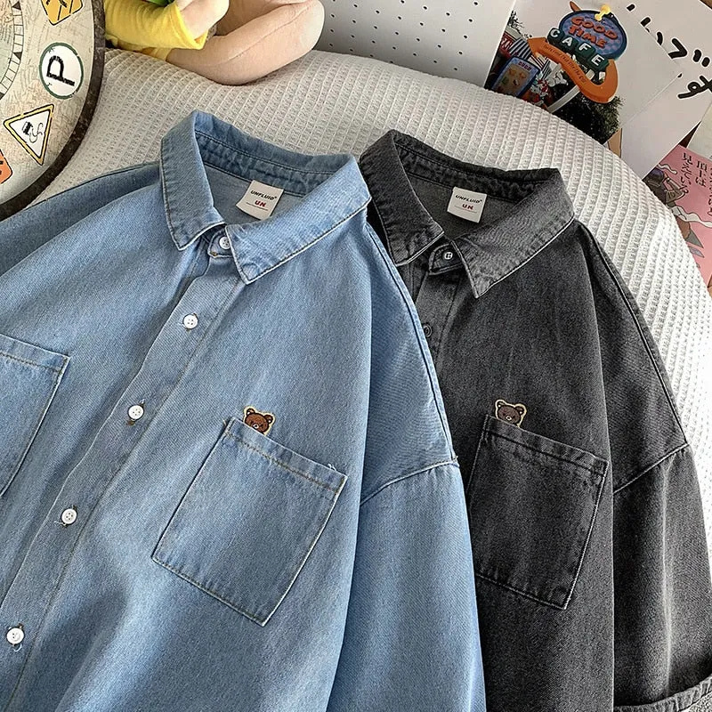 Bear Embroidered Denim Short Sleeve Shirt Men&#39;s summer half Sleeve coat thin ruffian handsome trend camisa shirts streetwear