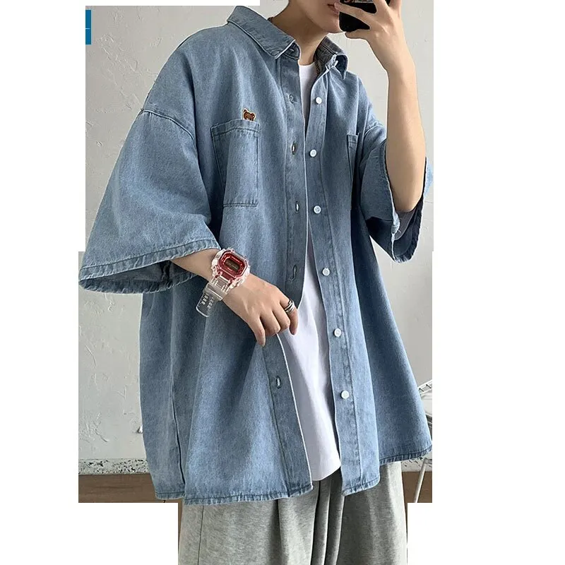 Bear Embroidered Denim Short Sleeve Shirt Men&#39;s summer half Sleeve coat thin ruffian handsome trend camisa shirts streetwear