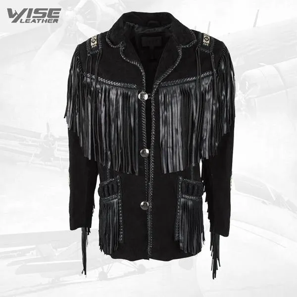 Black Boar Suede Hand Laced Bead Fringed Jacket Trimmed Coat