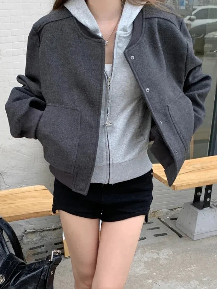 Black Friday Joskaa Baseball Woolen Coat Cropped Bomber Jacket Oversized Streetwear Loose Casual Korean Fashion Uniform Winter Clothes Women