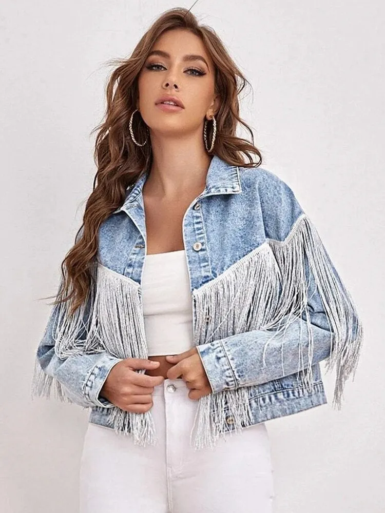 Black Friday Sales New Spring Women Loose Tassel Washed Blue Denim Jacket Streetwear Female Retro Short Coat Ladies Outwear