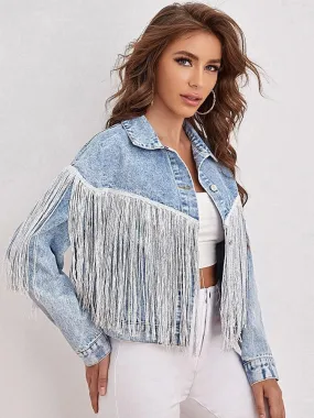 Black Friday Sales New Spring Women Loose Tassel Washed Blue Denim Jacket Streetwear Female Retro Short Coat Ladies Outwear