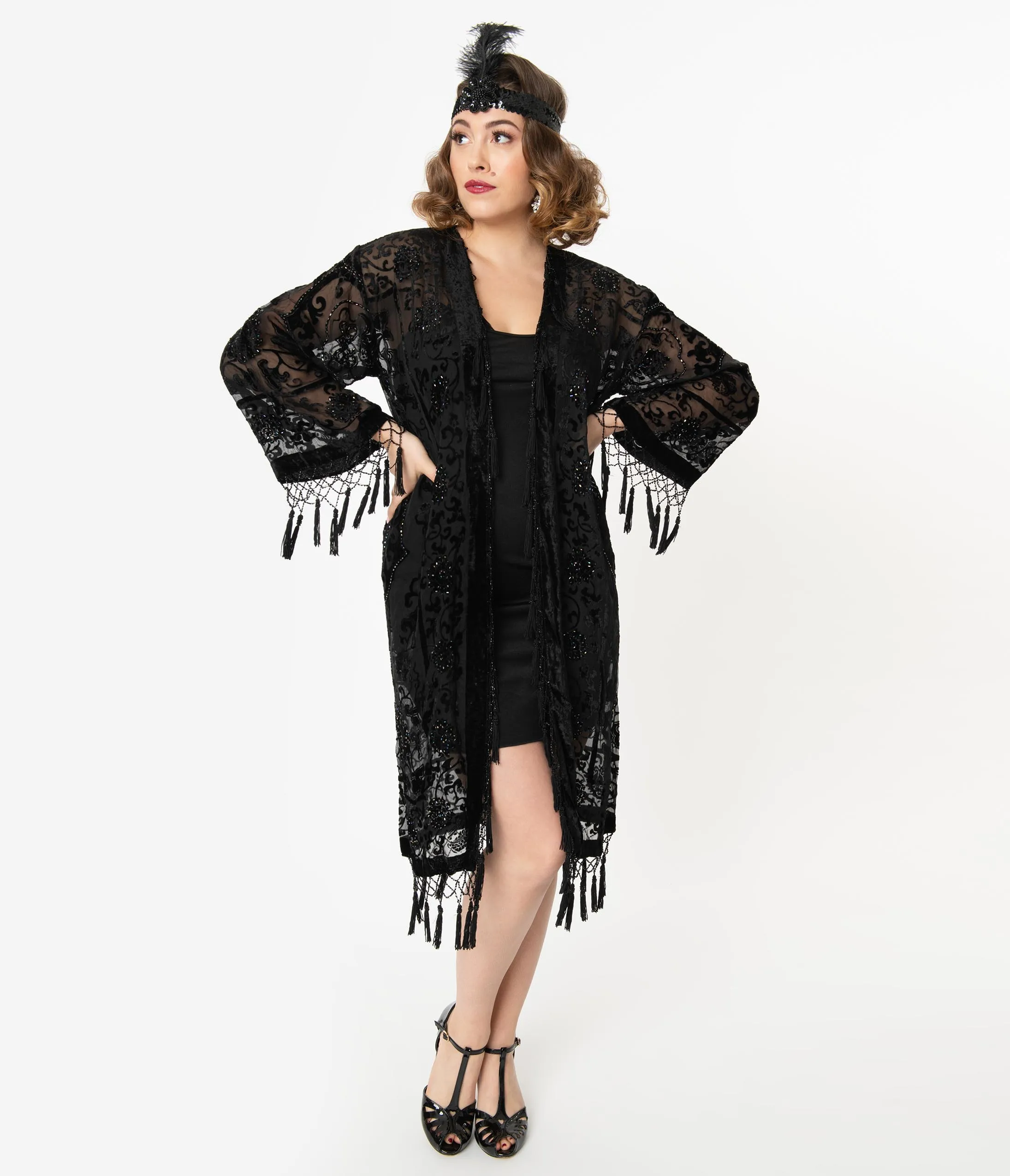 Black Medallion Devore Velvet Beaded Flapper Coat