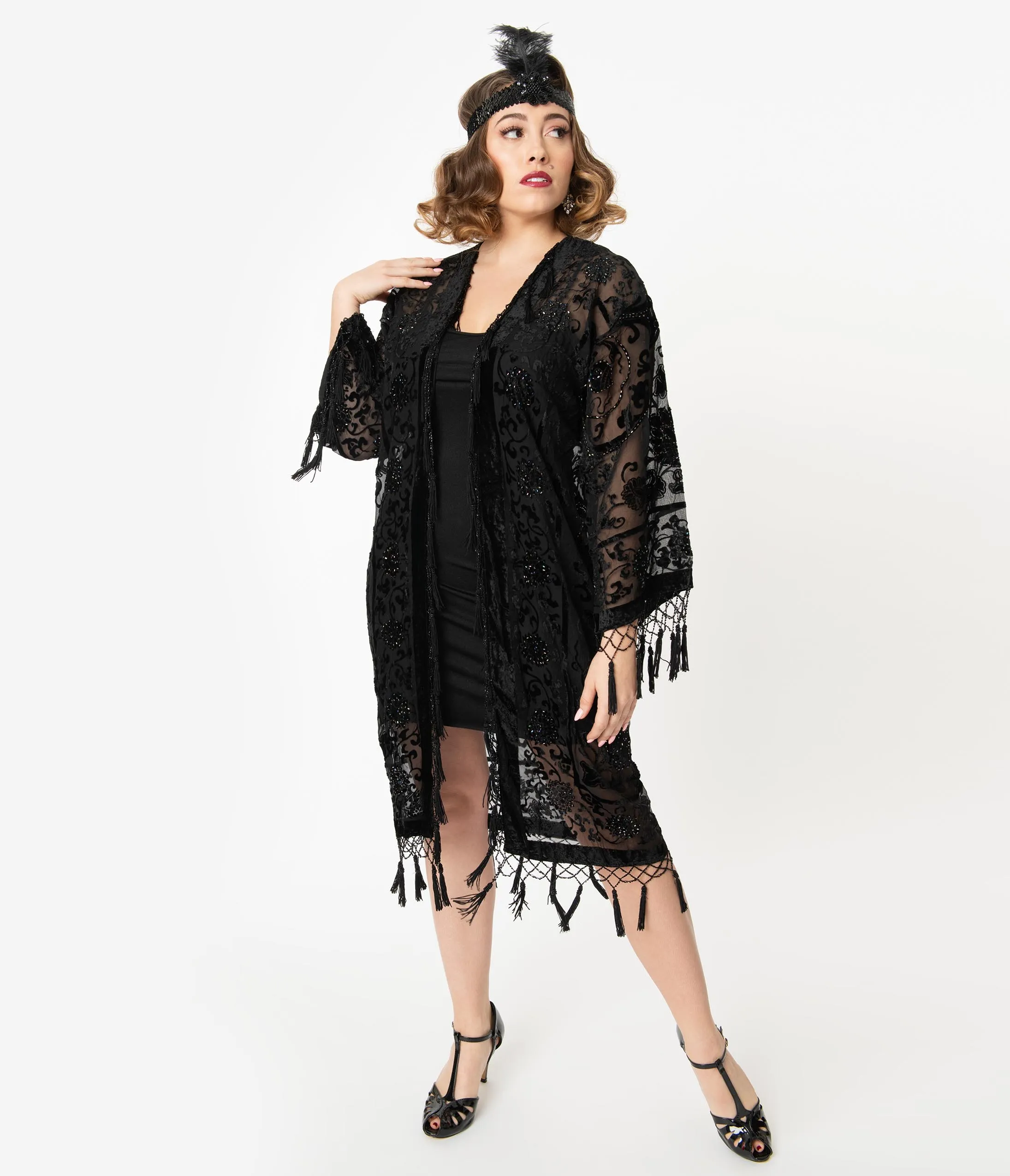 Black Medallion Devore Velvet Beaded Flapper Coat