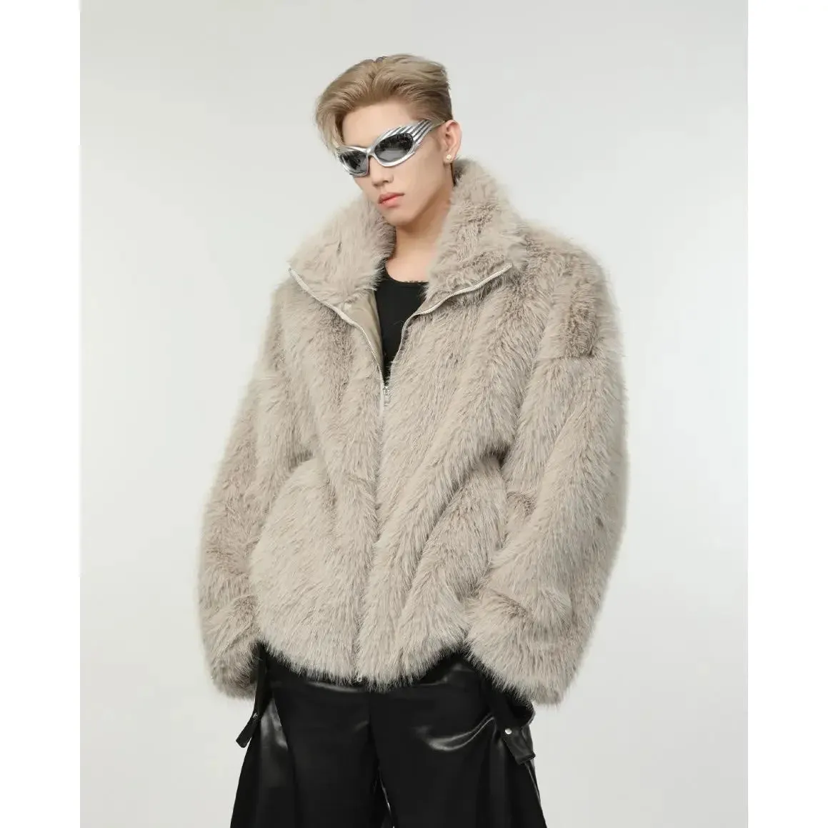 Bonsir Fashion Faux Fur Jacket Men Winter Thickened Cotton Clothing Senior Sense Streetwear Faux Fur Coat