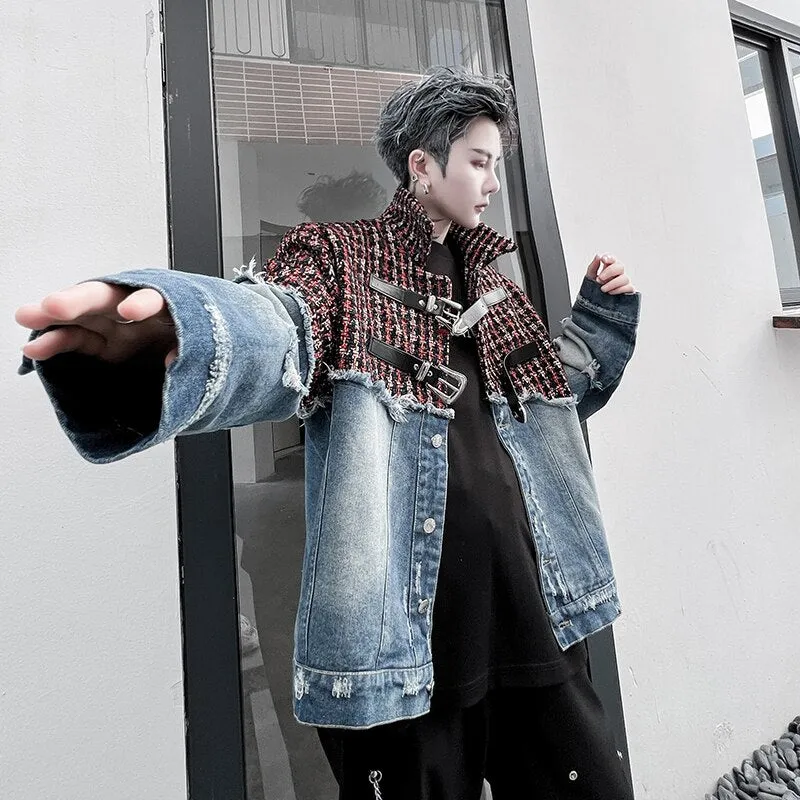 Bonsir Men Plaid Wool Denim Patchwork Streetwear Fashion Loose Casual Vintage Fashion Jacket Male Women Hip Hop Coat Outerwear