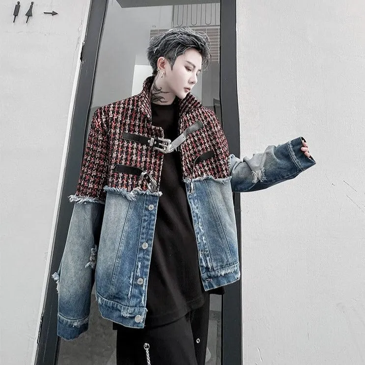 Bonsir Men Plaid Wool Denim Patchwork Streetwear Fashion Loose Casual Vintage Fashion Jacket Male Women Hip Hop Coat Outerwear