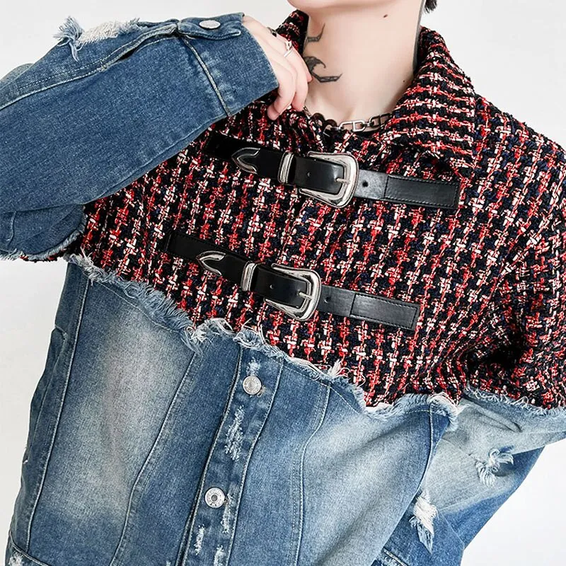 Bonsir Men Plaid Wool Denim Patchwork Streetwear Fashion Loose Casual Vintage Fashion Jacket Male Women Hip Hop Coat Outerwear