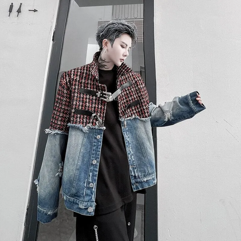 Bonsir Men Plaid Wool Denim Patchwork Streetwear Fashion Loose Casual Vintage Fashion Jacket Male Women Hip Hop Coat Outerwear