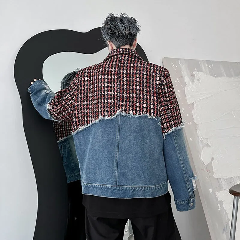 Bonsir Men Plaid Wool Denim Patchwork Streetwear Fashion Loose Casual Vintage Fashion Jacket Male Women Hip Hop Coat Outerwear