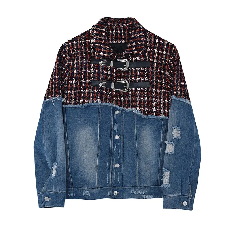 Bonsir Men Plaid Wool Denim Patchwork Streetwear Fashion Loose Casual Vintage Fashion Jacket Male Women Hip Hop Coat Outerwear