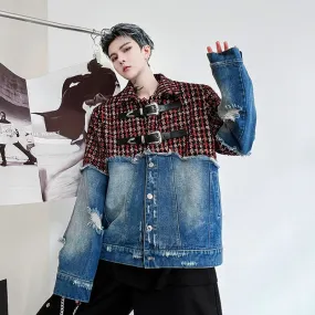 Bonsir Men Plaid Wool Denim Patchwork Streetwear Fashion Loose Casual Vintage Fashion Jacket Male Women Hip Hop Coat Outerwear