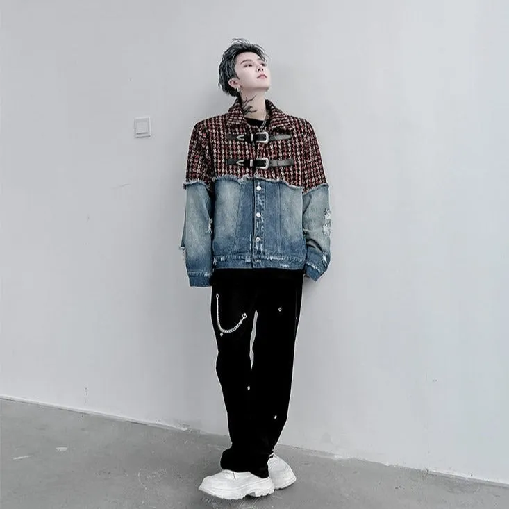 Bonsir Men Plaid Wool Denim Patchwork Streetwear Fashion Loose Casual Vintage Fashion Jacket Male Women Hip Hop Coat Outerwear