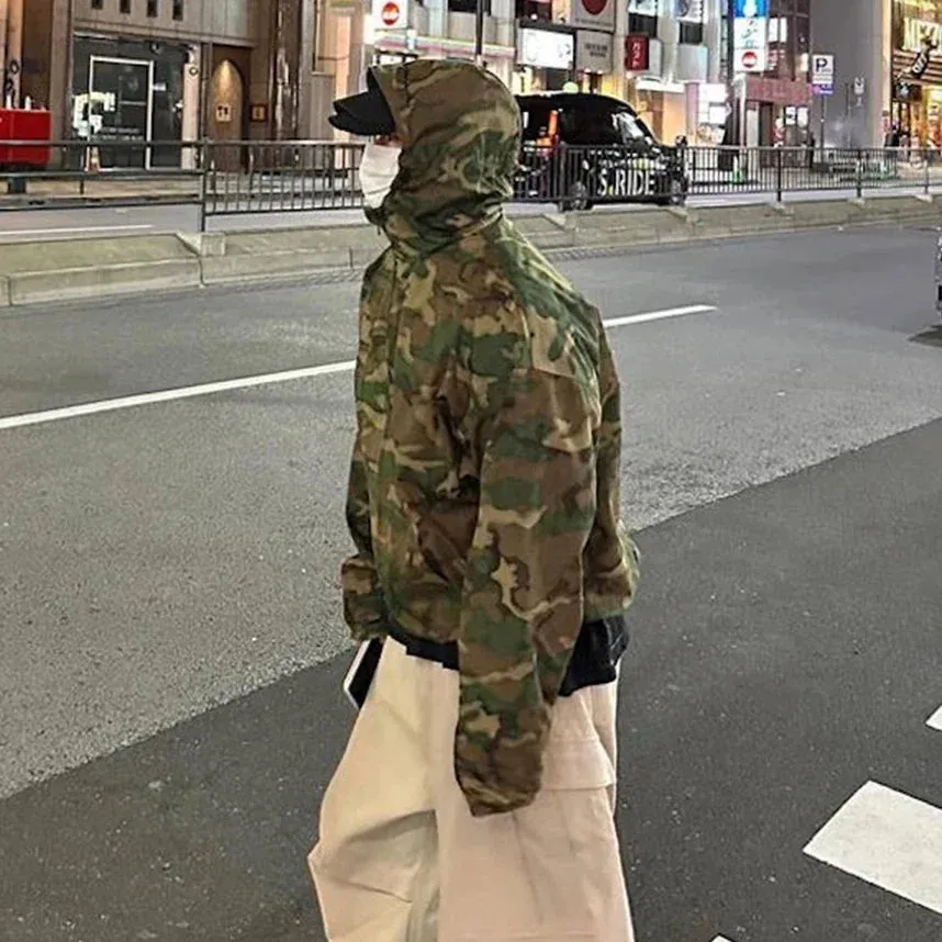 Bonsir Streetwear Color Match Camouflage Hooded Jacket for Men and Women Windbreaker Casual Loose Coat Outwear Baggy Patchwork Clothes