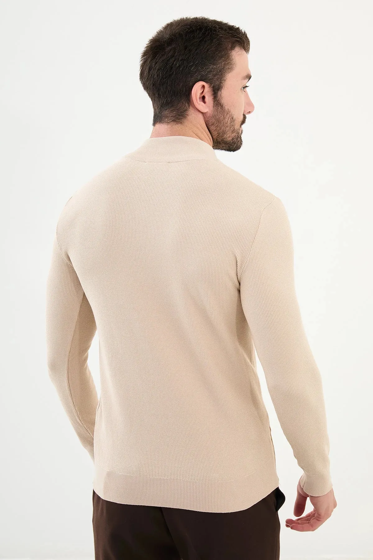 Brabion Marco Textured Slim Fit Zippered Half Turtleneck - Beige Knitwear Sweater