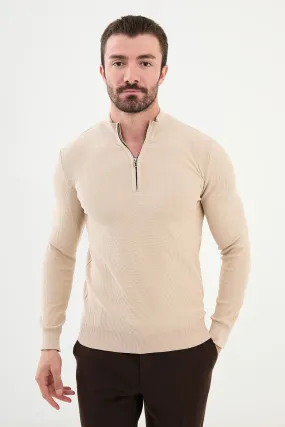 Brabion Marco Textured Slim Fit Zippered Half Turtleneck - Beige Knitwear Sweater