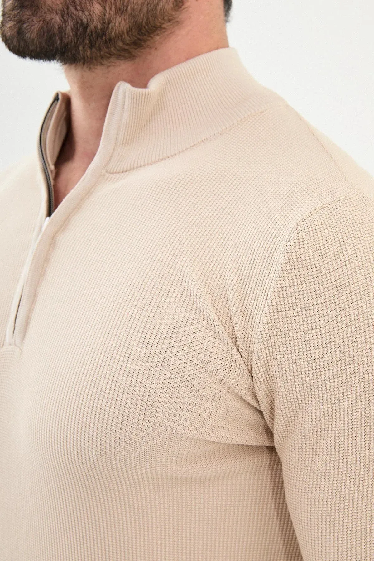 Brabion Marco Textured Slim Fit Zippered Half Turtleneck - Beige Knitwear Sweater