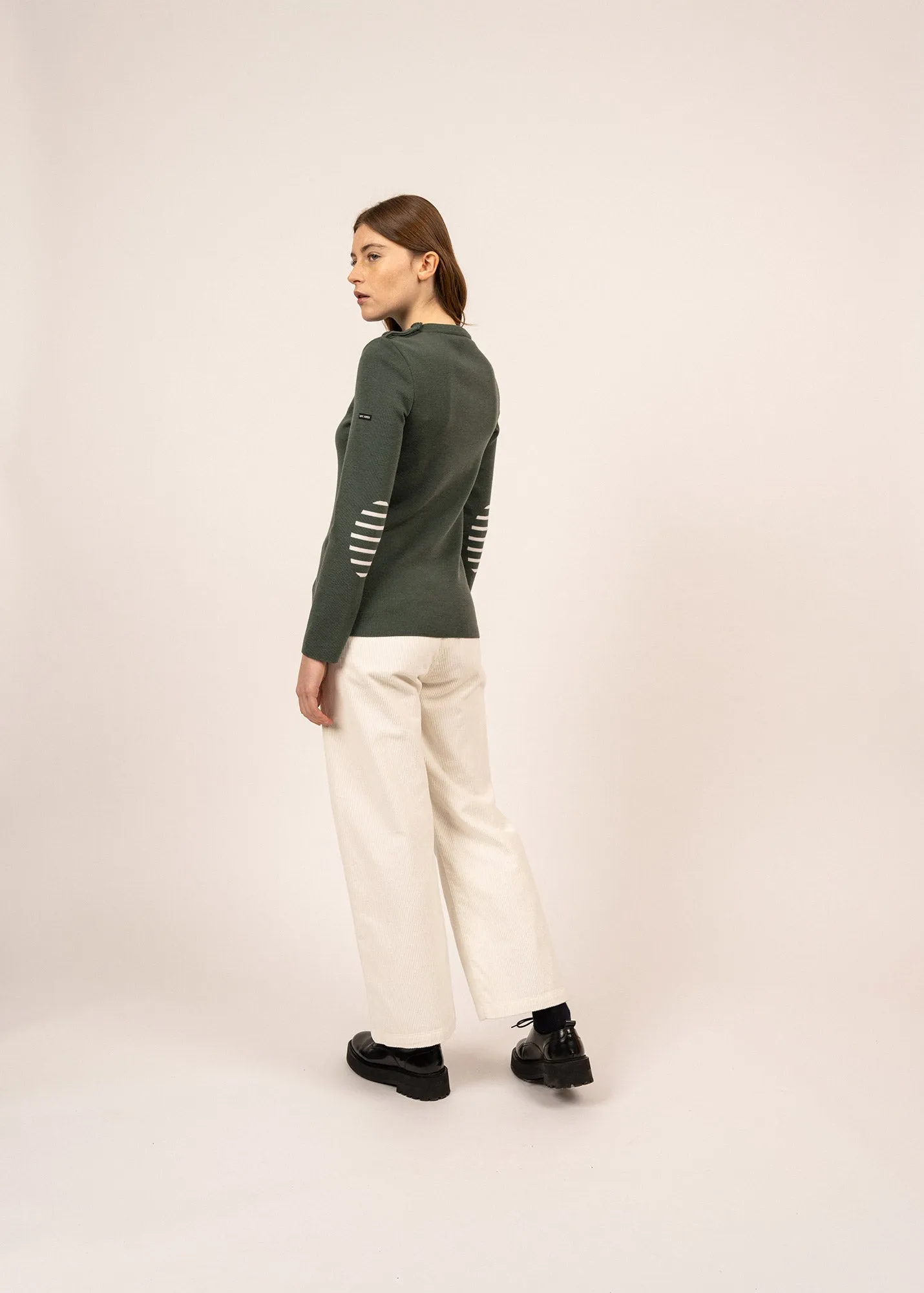 Bregançon plain sailor jumper - striped elbow patches, in wool (VEGETAL)