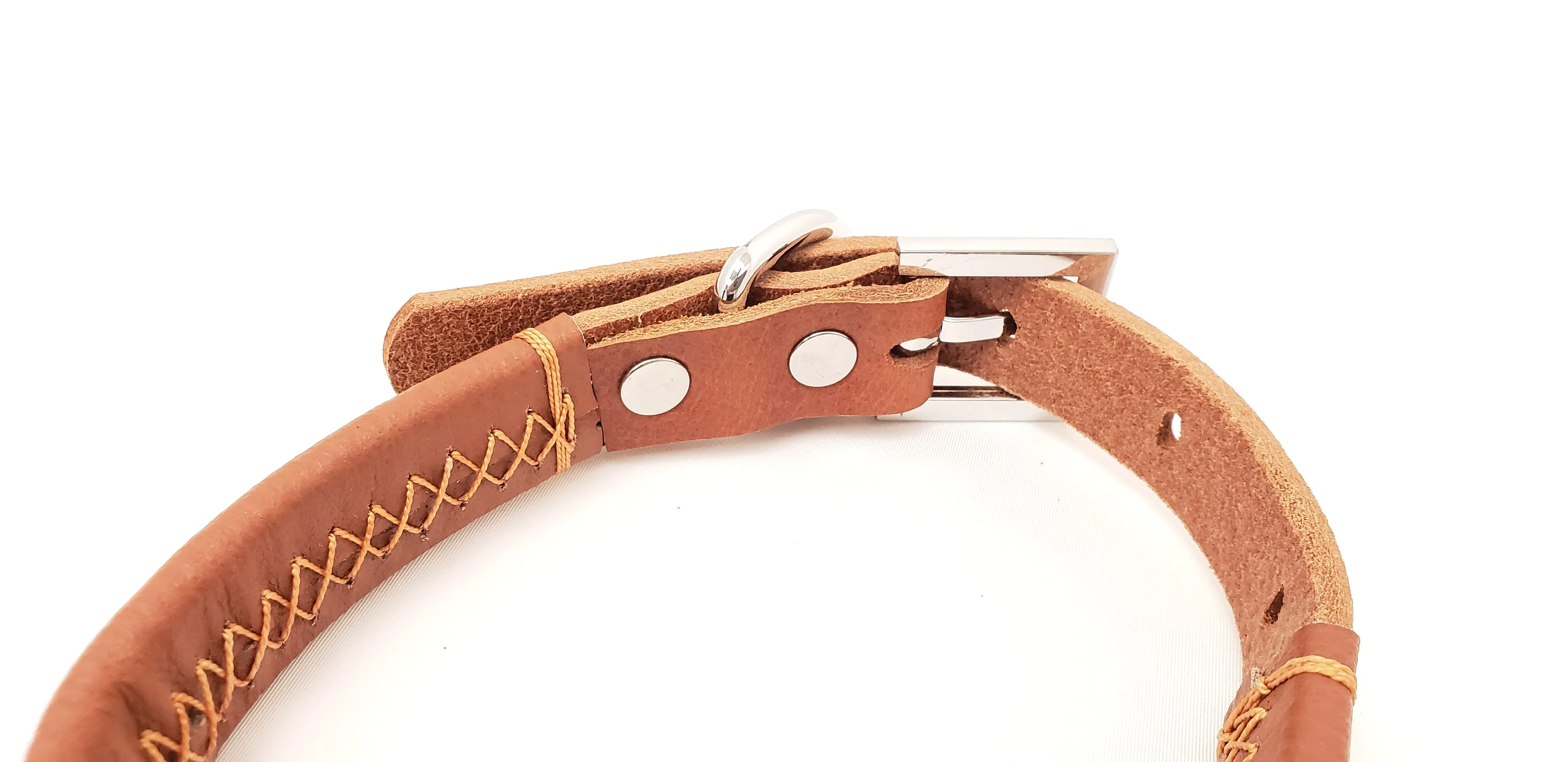 Brown Leather Dog Collar with Single Line of Silver Chrome Buttons - Tan - Small